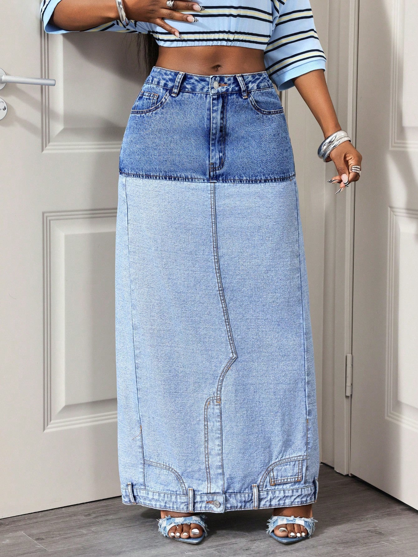 Asymmetric Two-Tone Denim Maxi Skirt NorixaFashion.com