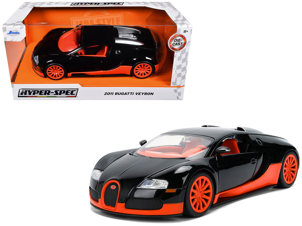 2011 Bugatti Veyron Black with Orange Accents and Orange Interior "Hyper-Spec" Series 1/24 Diecast Model Car by Jada LuxuryLifeWay Online Store