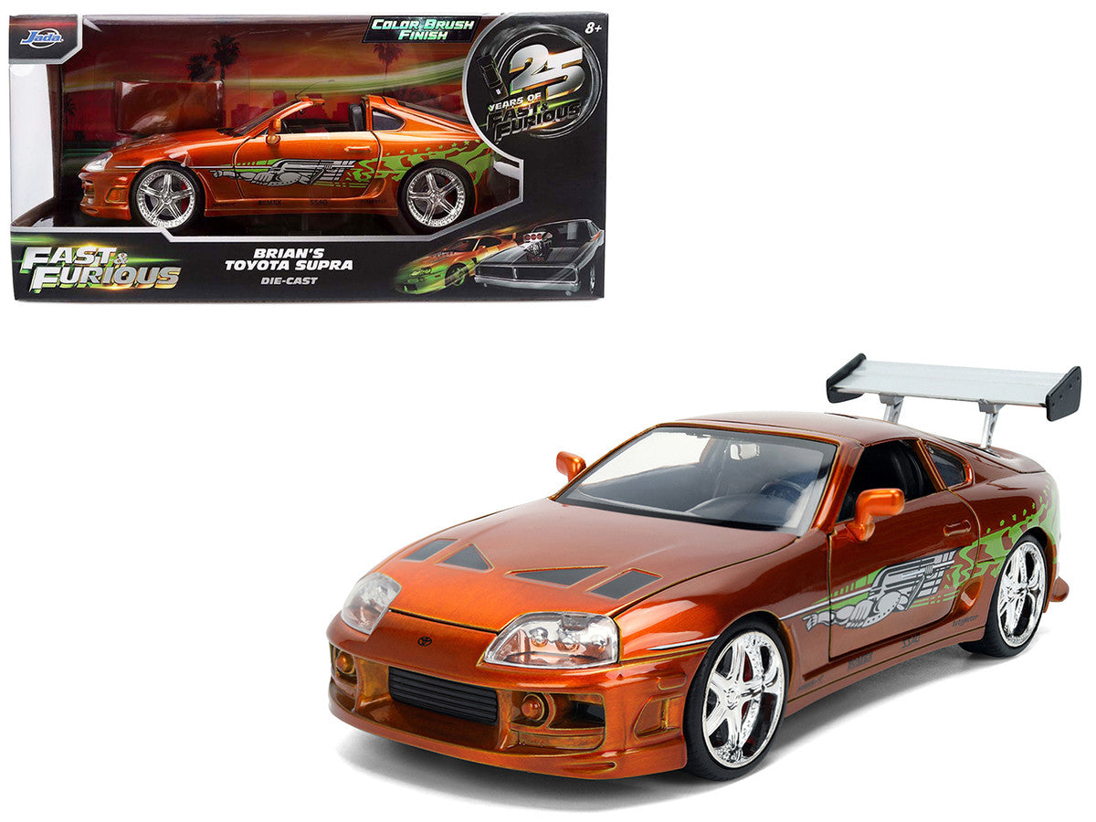Brian's Toyota Supra Orange Color Brush Finish 25 Years of Fast & Furious Anniversary "The Fast and the Furious" (2001) Movie "Fast & Furious" Series 1/24 Diecast Model Car by Jada LuxuryLifeWay Online Store
