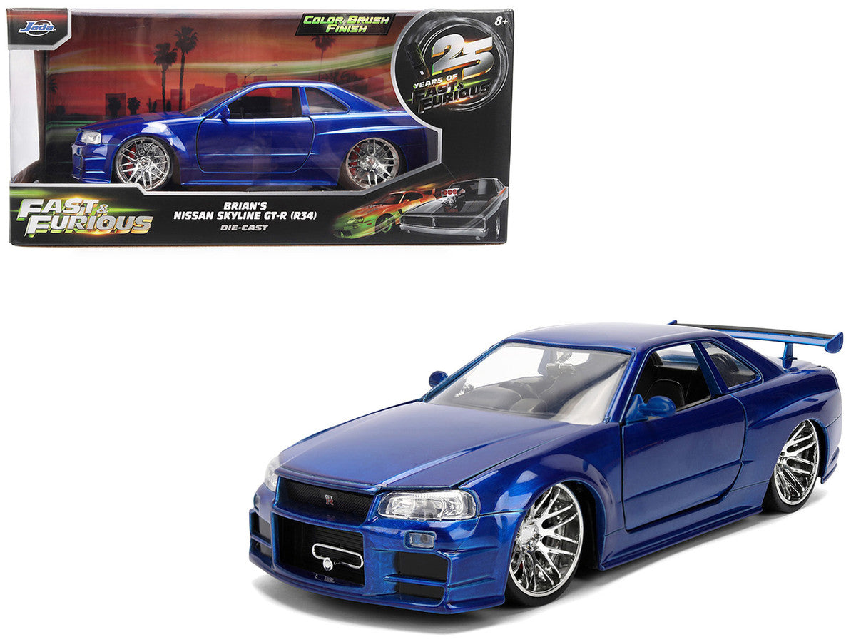 Brian's Nissan Skyline GT-R (R34) RHD (Right Hand Drive) Blue Color Brush Finish 25 Years of Fast & Furious Anniversary "2 Fast 2 Furious" (2003) Movie "Fast & Furious" 1/24 Diecast Model Car by Jada LuxuryLifeWay Online Store