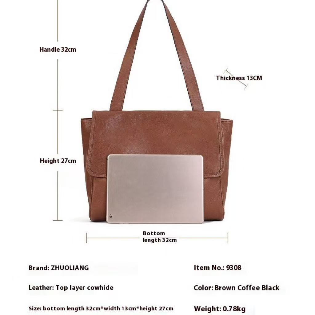 Solid Color Cowhide Tote Bag Simple Commute Shoulder Messenger Bag For Women LadyShow.Store