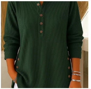 V-neck Buttons Sweater Fashion Casual Solid Color Long-sleeved Tops Women's Blouse T-shirt Clothing NorixaFashion.com
