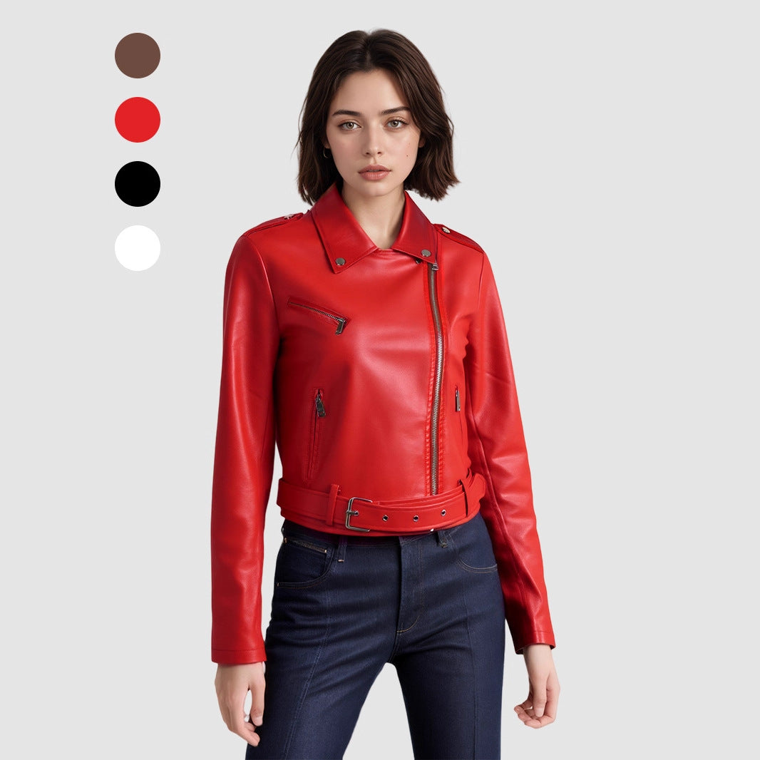 Lapel Short Belt Women's PU Simple Leather Jacket Motorcycle Jacket LadyShow.Store