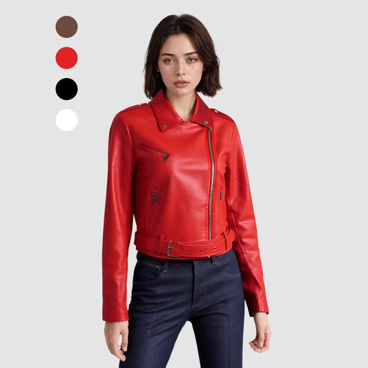 Lapel Short Belt Women's PU Simple Leather Jacket Motorcycle Jacket LadyShow.Store
