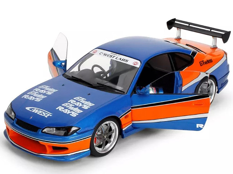 2002 Nissan Silvia (S15) RHD (Right Hand Drive) Blue Metallic with Orange Graphics "The Fast and the Furious: Tokyo Drift" (2006) Movie "25 Years of Fast & Furious" Series 1/18 Diecast Model Car by Jada LuxuryLifeWay Online Store