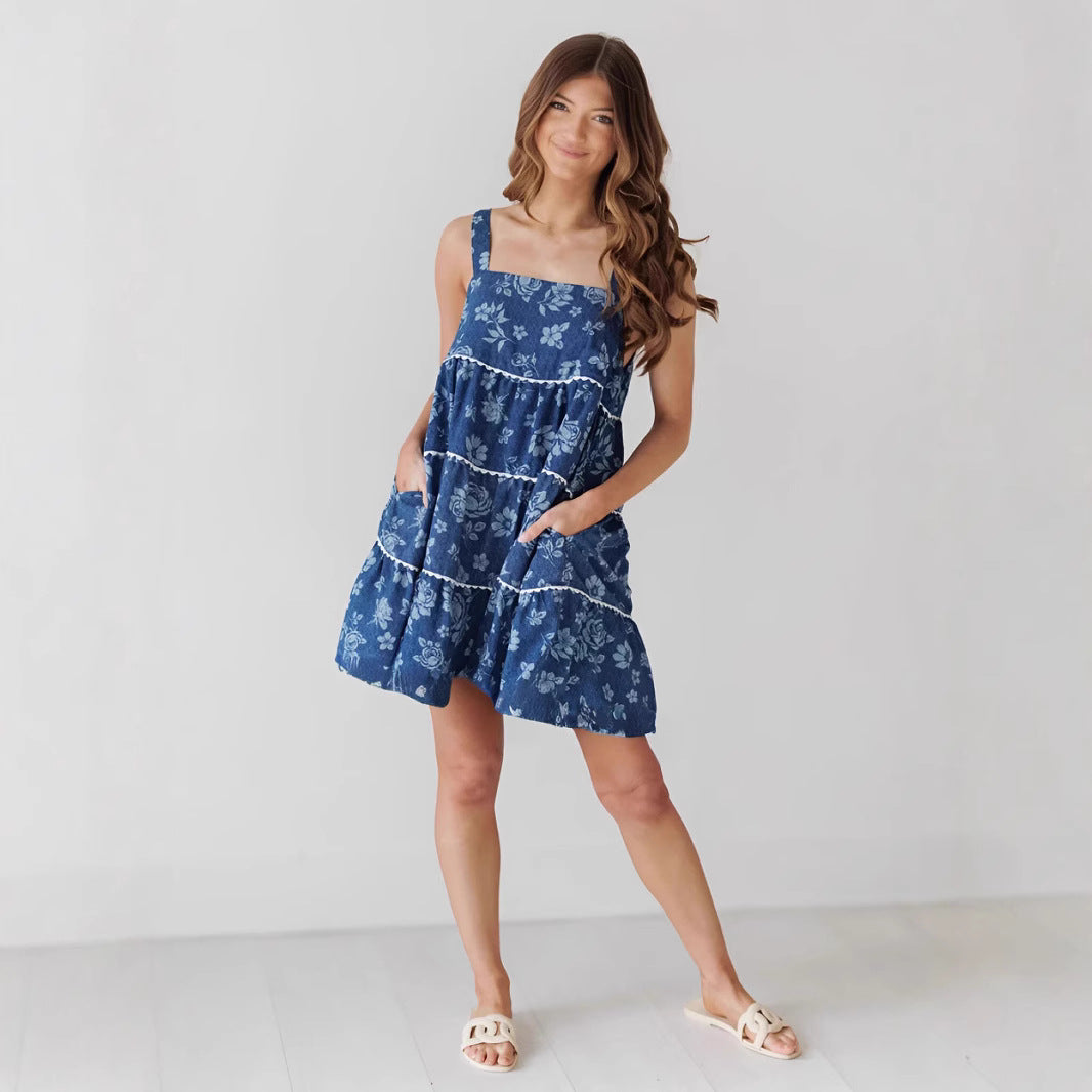 Sling Pleated Backless Denim Dress Women NorixaFashion.com