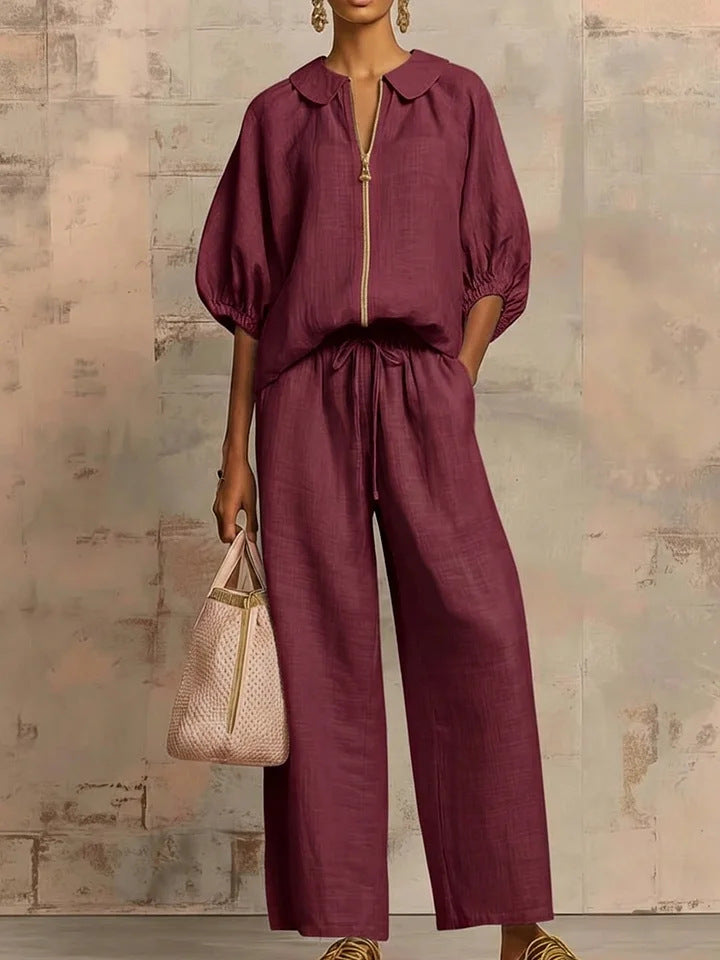 Solid-color Casual Loose-fitting Zip-up Sweatshirt And Straight-leg Pants Set NorixaFashion.com