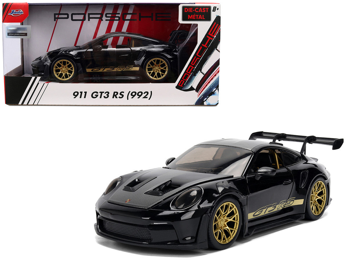Porsche 911 (992) GT3 RS Black with Carbon Top and Hood Stripes and Gold Wheels "Hyper-Spec" 1/24 Diecast Model Car by Jada LuxuryLifeWay Online Store