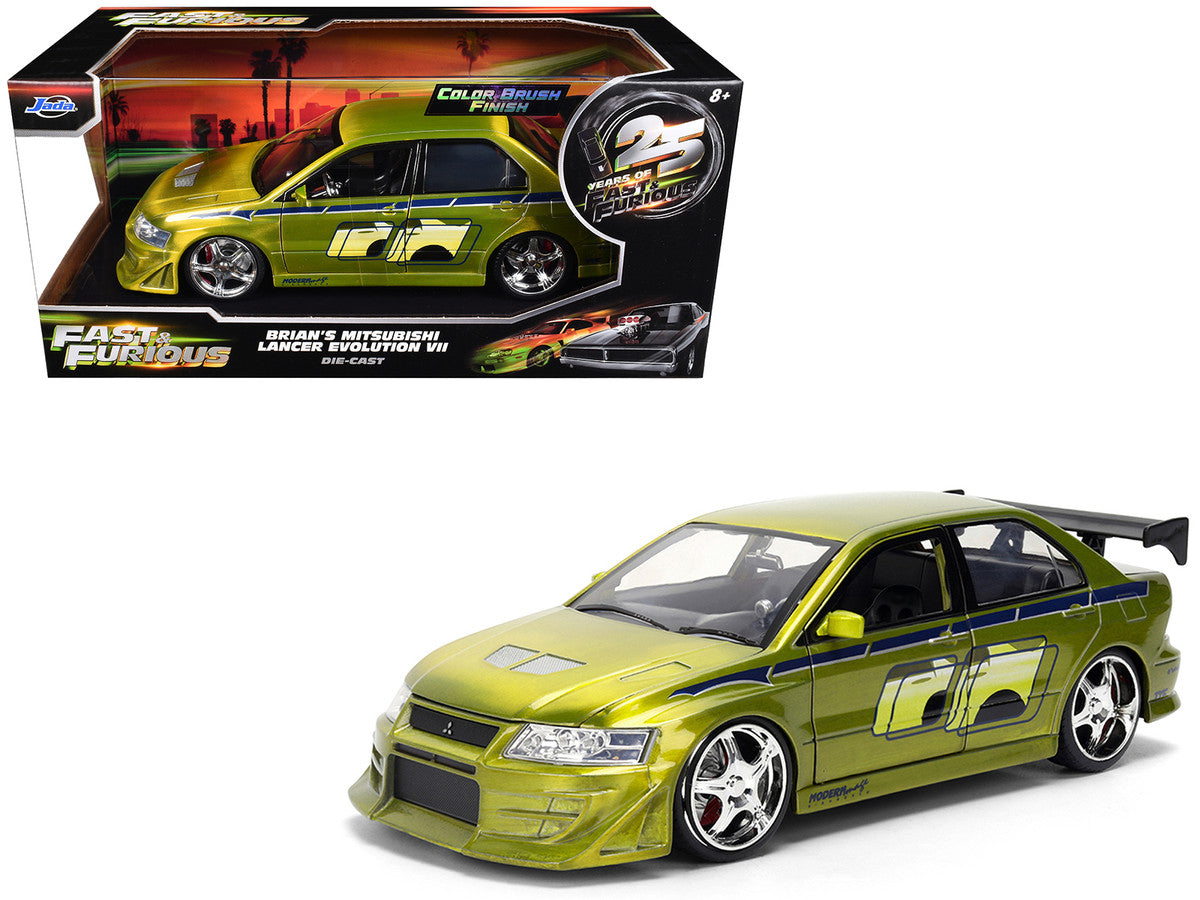 Brian's Mitsubishi Lancer Evolution VII Green Color Brush Finish "2 Fast 2 Furious" (2003) Movie "25 Years of Fast & Furious" Series1/24 Diecast Model Car by Jada LuxuryLifeWay Online Store