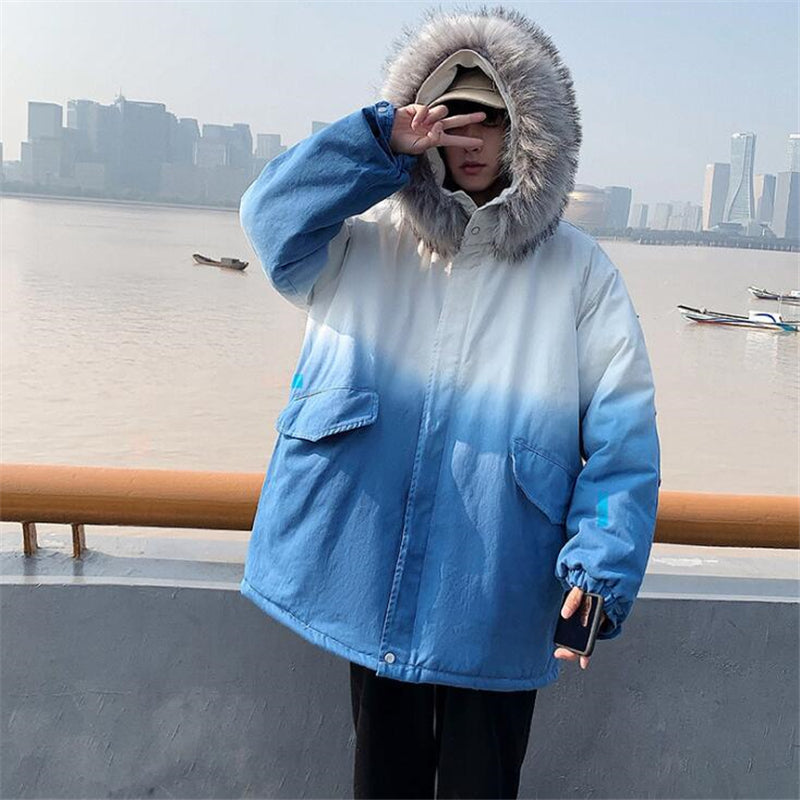 Trendy Thick Fur Collar Gradient Hooded Cotton Jacket Pi-Mart