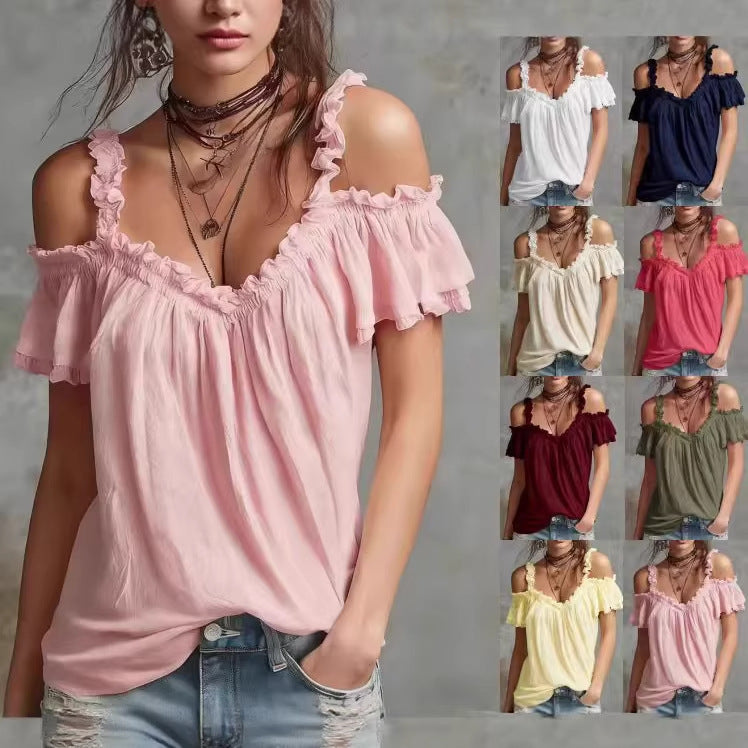 Summer Off-Shoulder Blouse Top Fashion Ruffled Strappy Short-Sleeved Shirt Y2K Sweet Women's Clothing NorixaFashion.com
