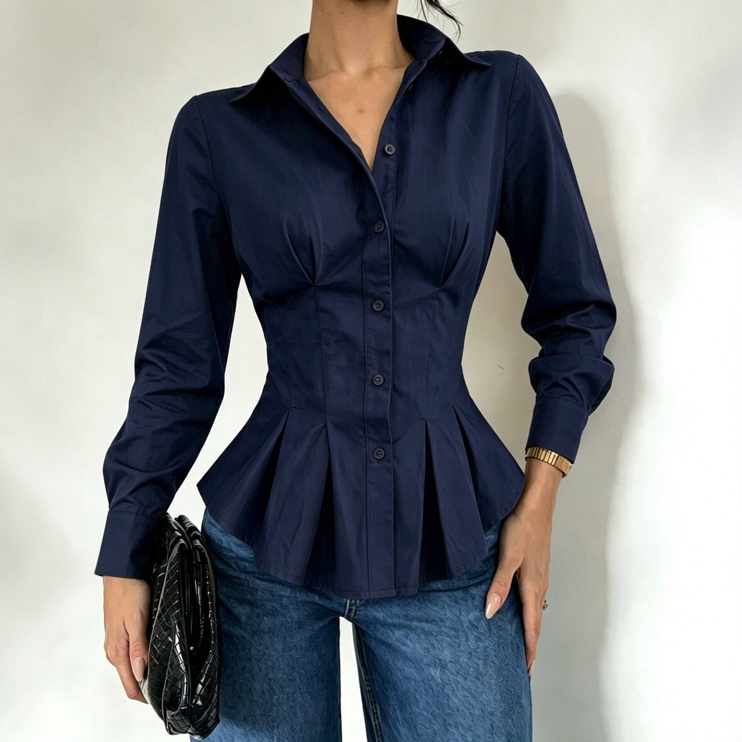 Fitted-waist Long-sleeve Shirt With Pleated Waist Detailing NorixaFashion.com