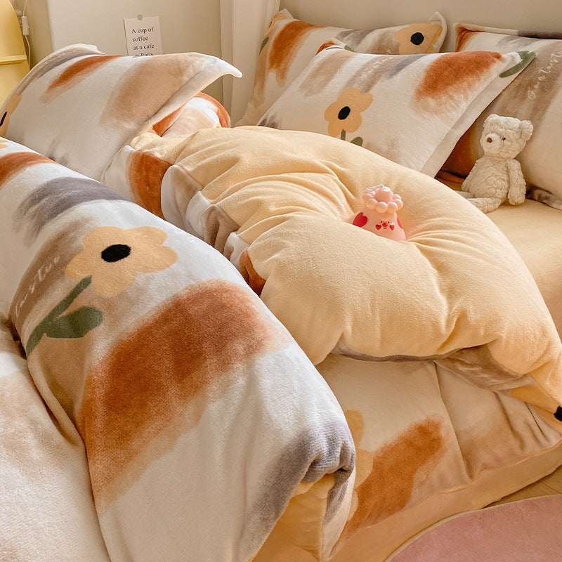 Winter Thickening Milk Fiber Bed Four-piece Coral Velvet Quilt Cover Flange Double-sided Bed Sheet Three-piece Bedding CJD2