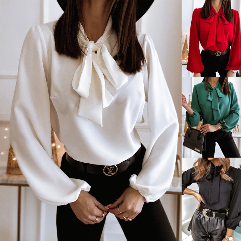 Bowknot Long Sleeve Shirt Collared Women's  Solid Color Professional Business Blouse For Work Office Wear NorixaFashion.com