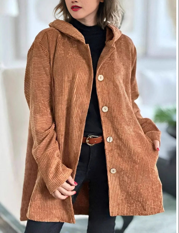 Women's Corduroy Hooded Jacket Fashion Warm Pockets Button Mid-length Top Casual Fall Winter Outwear Clothing LuxuryLifeWay Online Store