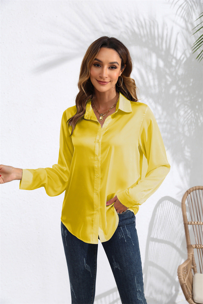 Women's Solid Color Satin Satin Long Sleeve Blouse NorixaFashion.com