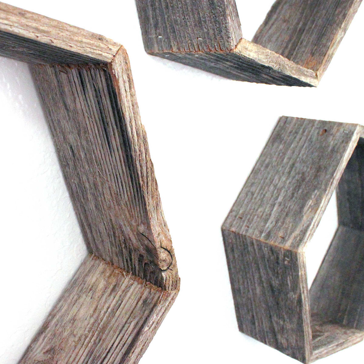 Set Of 3 Hexagon Rustic Natural Weathered Grey Wood Open Box Shelve LuxuryLifeWay Online Store