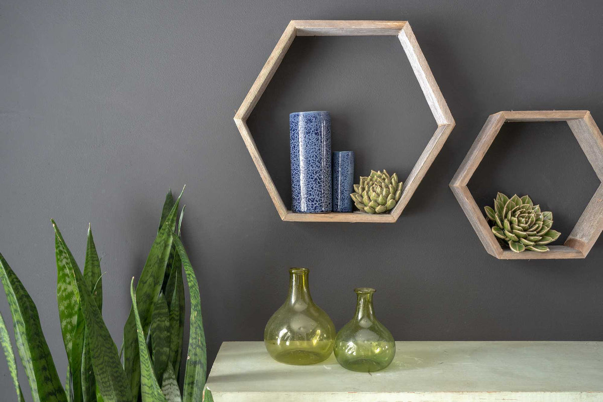 Set Of 3 Hexagon Rustic Natural Weathered Grey Wood Open Box Shelve LuxuryLifeWay Online Store