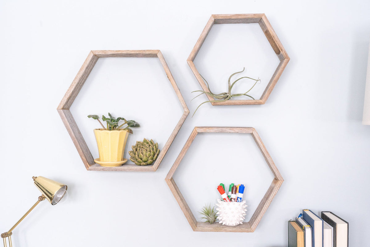 Set Of 3 Hexagon Rustic Natural Weathered Grey Wood Open Box Shelve LuxuryLifeWay Online Store