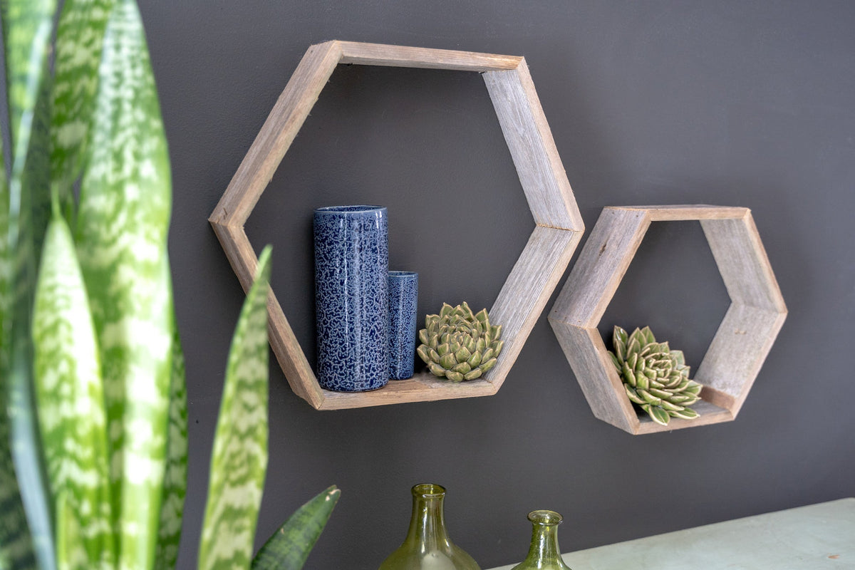 Set Of 3 Hexagon Rustic Natural Weathered Grey Wood Open Box Shelve LuxuryLifeWay Online Store
