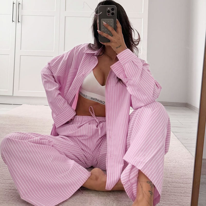 Fashionable Striped Casual Simple Womens Long-Sleeve Top And Pants Loose Set NorixaFashion.com