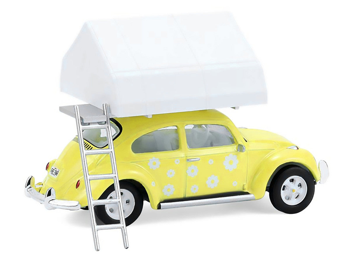 Volkswagen Classic Beetle Yellow with White Flower Graphics and Interior with Camp'otel Cartop Sleeper Tent "The Great Outdoors" Series 4 1/64 Diecast Model Car by Greenlight LuxuryLifeWay Online Store
