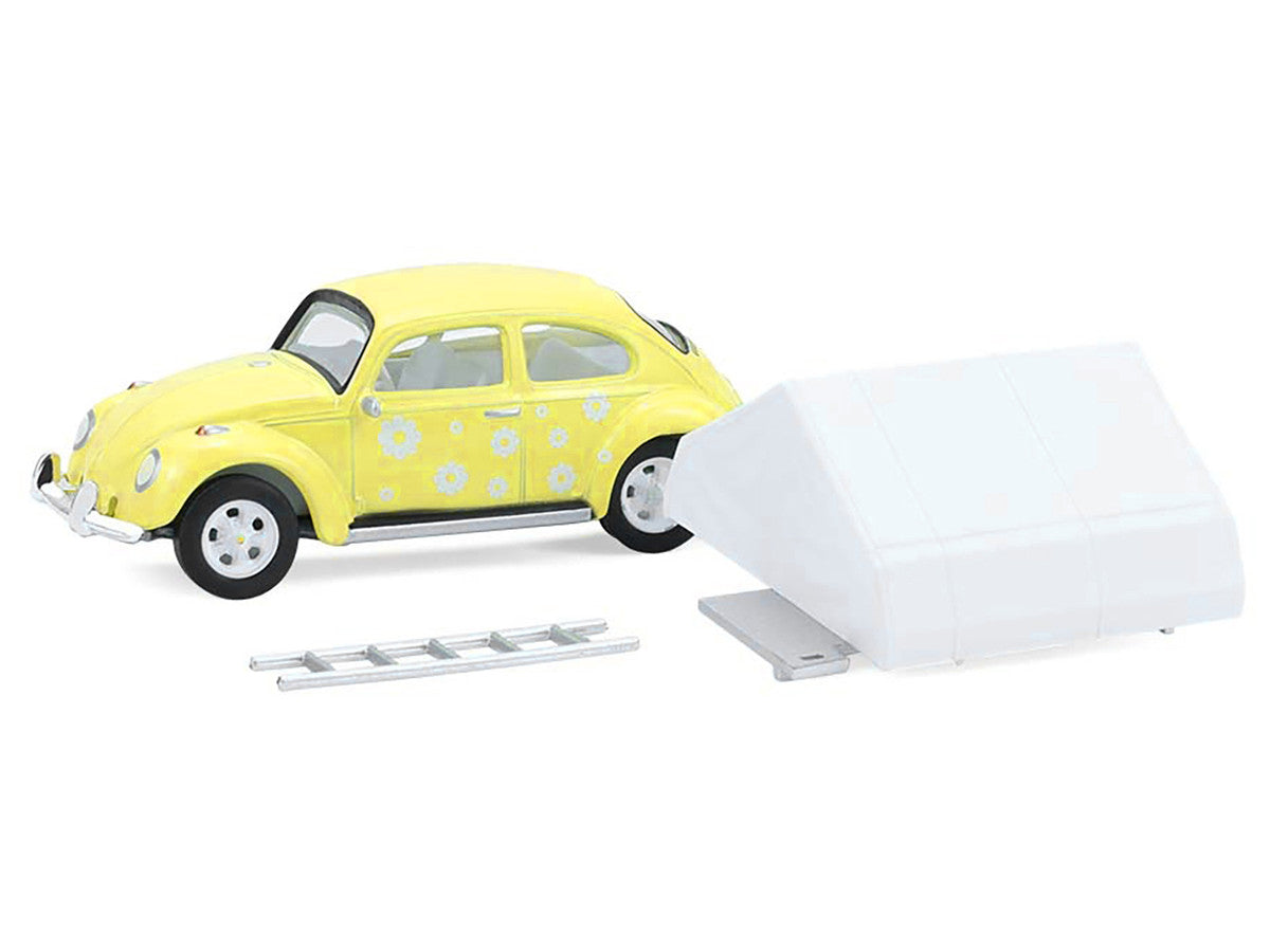 Volkswagen Classic Beetle Yellow with White Flower Graphics and Interior with Camp'otel Cartop Sleeper Tent "The Great Outdoors" Series 4 1/64 Diecast Model Car by Greenlight LuxuryLifeWay Online Store