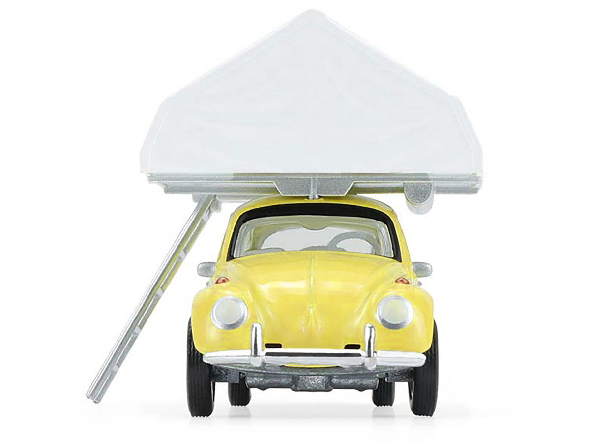 Volkswagen Classic Beetle Yellow with White Flower Graphics and Interior with Camp'otel Cartop Sleeper Tent "The Great Outdoors" Series 4 1/64 Diecast Model Car by Greenlight LuxuryLifeWay Online Store