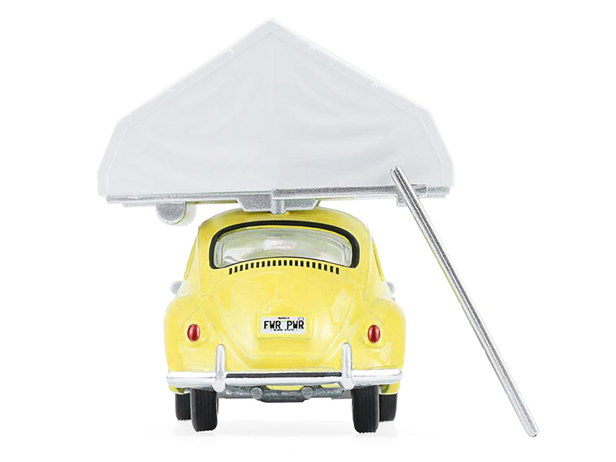 Volkswagen Classic Beetle Yellow with White Flower Graphics and Interior with Camp'otel Cartop Sleeper Tent "The Great Outdoors" Series 4 1/64 Diecast Model Car by Greenlight LuxuryLifeWay Online Store