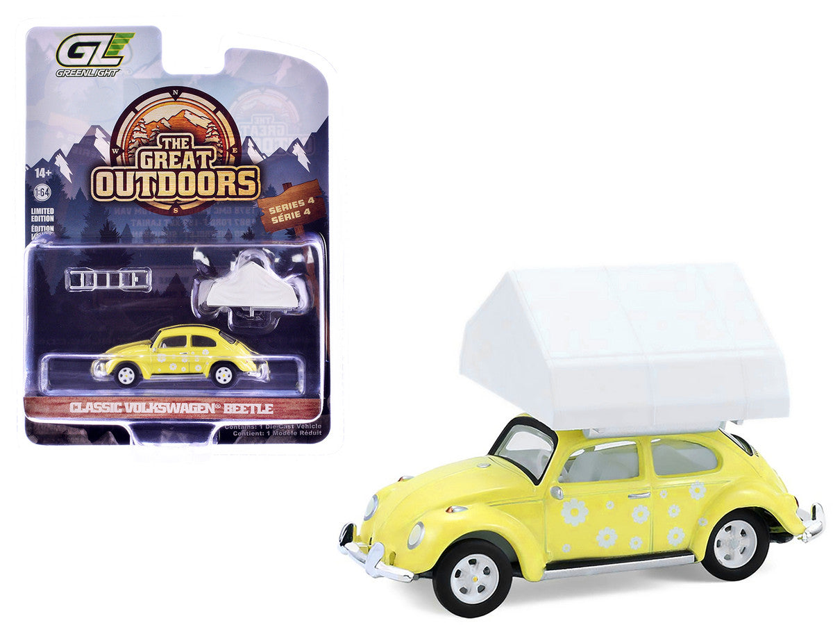 Volkswagen Classic Beetle Yellow with White Flower Graphics and Interior with Camp'otel Cartop Sleeper Tent "The Great Outdoors" Series 4 1/64 Diecast Model Car by Greenlight LuxuryLifeWay Online Store
