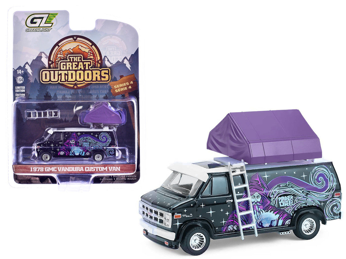 1978 GMC Vandura Custom Van Black with Wizard Graphics and White Top with Camp'otel Cartop Sleeper Tent "The Great Outdoors" Series 4 1/64 Diecast Model Car by Greenlight LuxuryLifeWay Online Store