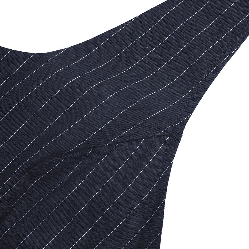 Navy Pinstripe Halter V Neck Button Front Wide Leg Jumpsuit NorixaFashion.com