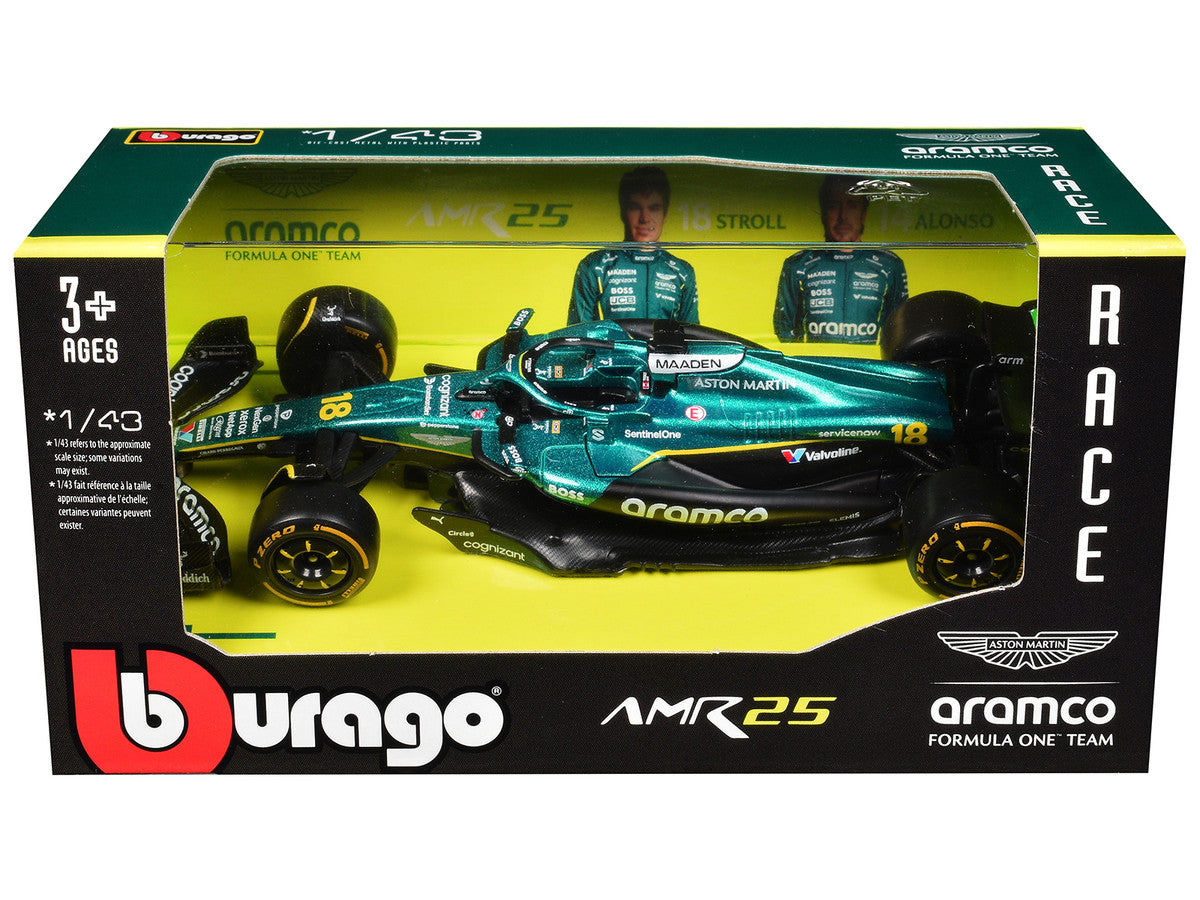 Aston Martin AMR25 #18 Lance Stroll "Aramco" Formula One F1 World Championship (2025) "Race" Series 1/43 Diecast Model Car by Bburago LuxuryLifeWay Online Store