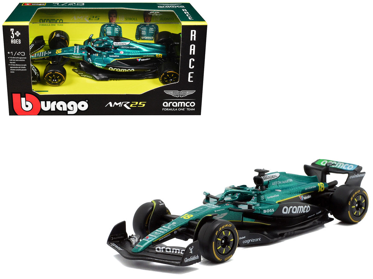 Aston Martin AMR25 #18 Lance Stroll "Aramco" Formula One F1 World Championship (2025) "Race" Series 1/43 Diecast Model Car by Bburago LuxuryLifeWay Online Store