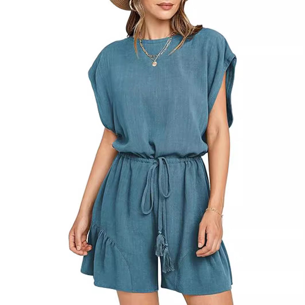 Cotton And Linen Jumpsuit Loose Waist Short Sleeve Women LadyShow.Store