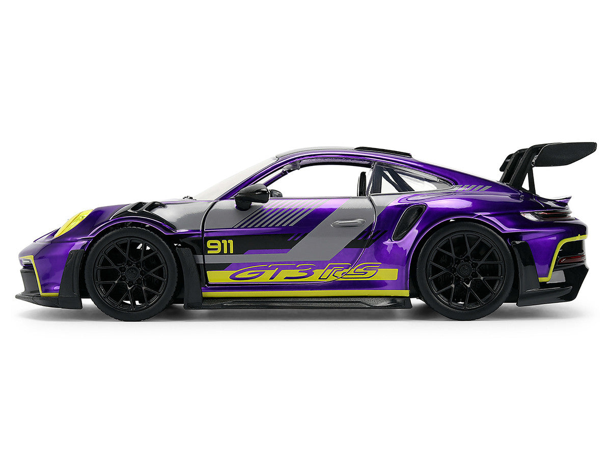 Porsche 911 GT3 RS (992) Candy Purple with Carbon Top and Hood Stripes and Graphics "AutoWorks" Series 1/24 Diecast Car Model by Jada LuxuryLifeWay Online Store