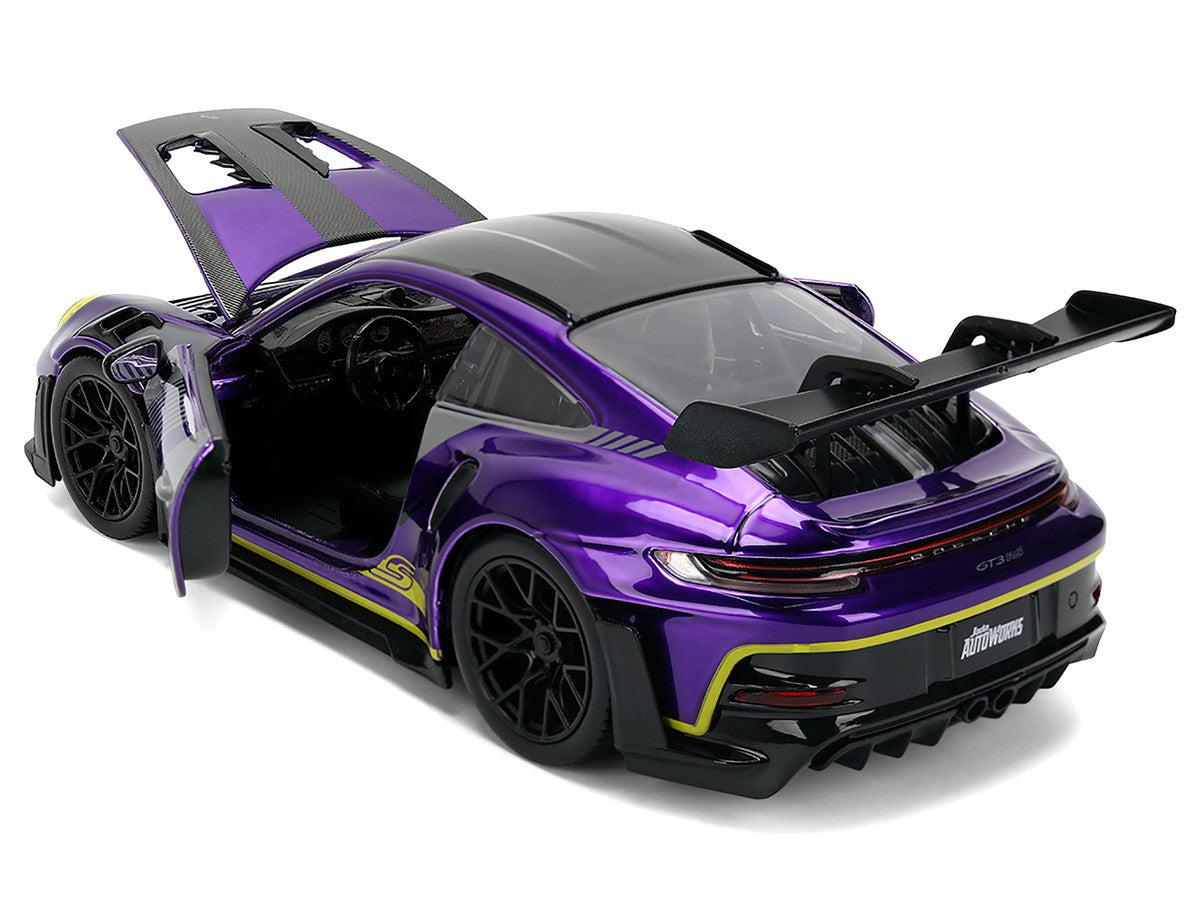 Porsche 911 GT3 RS (992) Candy Purple with Carbon Top and Hood Stripes and Graphics "AutoWorks" Series 1/24 Diecast Car Model by Jada LuxuryLifeWay Online Store