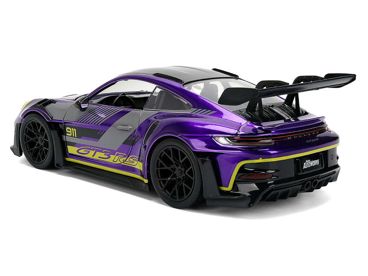 Porsche 911 GT3 RS (992) Candy Purple with Carbon Top and Hood Stripes and Graphics "AutoWorks" Series 1/24 Diecast Car Model by Jada LuxuryLifeWay Online Store
