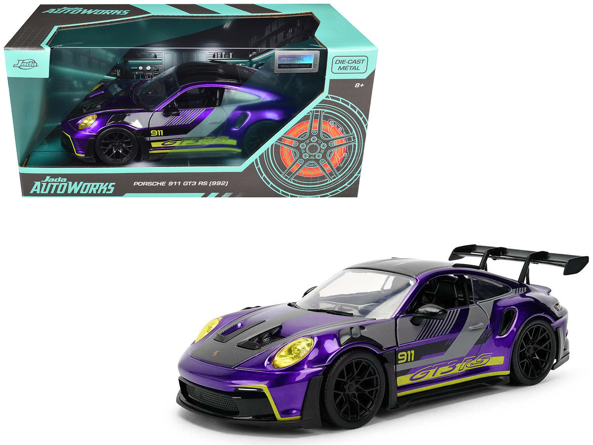 Porsche 911 GT3 RS (992) Candy Purple with Carbon Top and Hood Stripes and Graphics "AutoWorks" Series 1/24 Diecast Car Model by Jada LuxuryLifeWay Online Store
