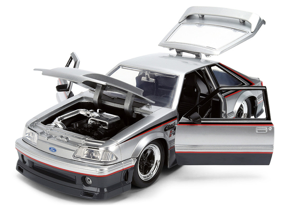 1989 Ford Mustang GT Silver Metallic and Gray with Black and Red Stripes "AutoWorks" Series 1/24 Diecast Car Model by Jada LuxuryLifeWay Online Store