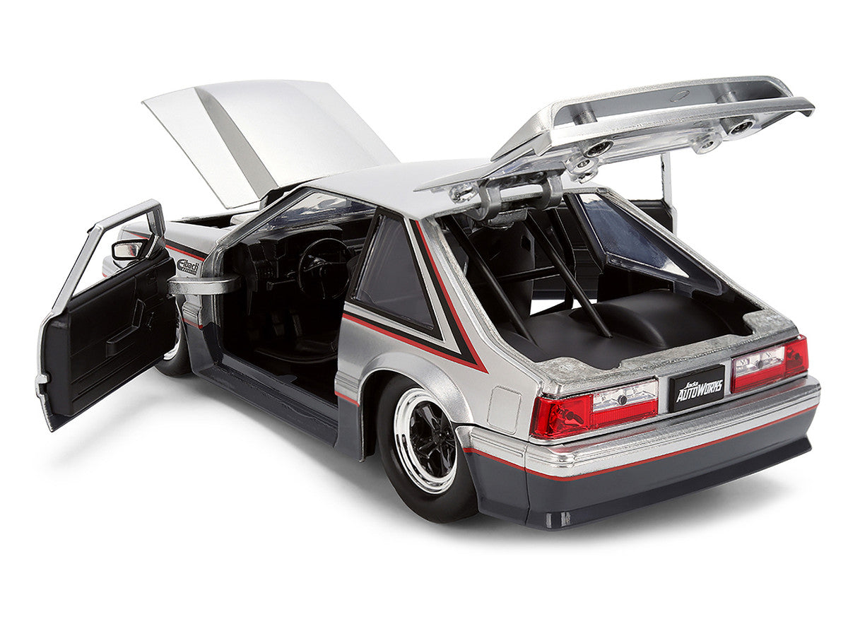 1989 Ford Mustang GT Silver Metallic and Gray with Black and Red Stripes "AutoWorks" Series 1/24 Diecast Car Model by Jada LuxuryLifeWay Online Store