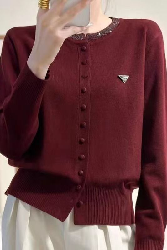 Womens Round-Neck, Diamond-Embellished, Solid-Colored Knit Cardigan LadyShow.Store