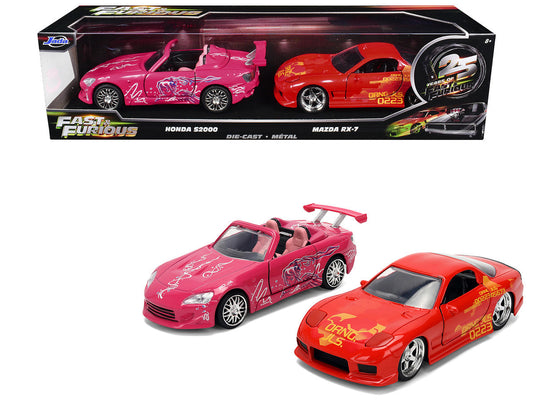 Honda S2000 Pink with Graphics and Mazda RX-7 Orange with Graphics Set of 2 pieces "25 Years of Fast & Furious" Series 1/32 Diecast Model Cars by Jada LuxuryLifeWay Online Store