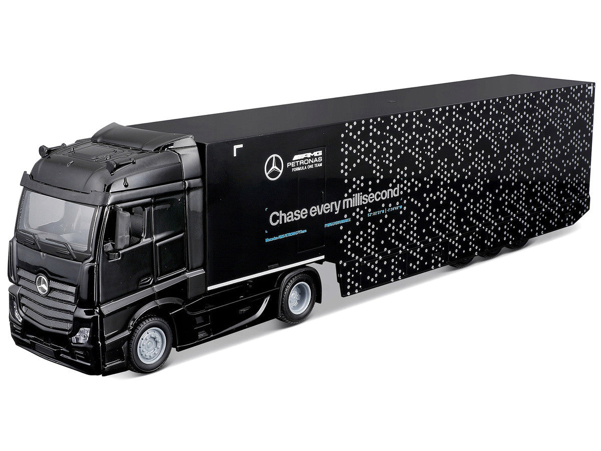 Mercedes-Benz Actros Gigaspace Car Transporter Black and Mercedes-AMG F1 W15 E Performance #63 George Russell "Petronas" Formula One F1 World Championship (2024) "Racing Hauler" Series 1/43 Diecast Model Car by Bburago LuxuryLifeWay Online Store