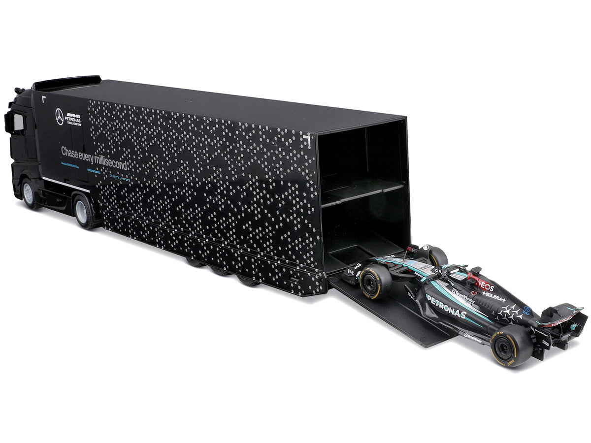 Mercedes-Benz Actros Gigaspace Car Transporter Black and Mercedes-AMG F1 W15 E Performance #63 George Russell "Petronas" Formula One F1 World Championship (2024) "Racing Hauler" Series 1/43 Diecast Model Car by Bburago LuxuryLifeWay Online Store