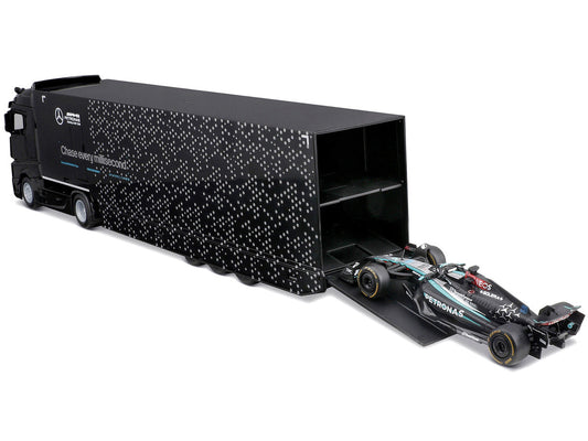 Mercedes-Benz Actros Gigaspace Car Transporter Black and Mercedes-AMG F1 W15 E Performance #63 George Russell "Petronas" Formula One F1 World Championship (2024) "Racing Hauler" Series 1/43 Diecast Model Car by Bburago LuxuryLifeWay Online Store