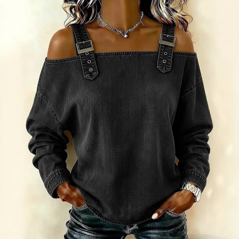 Halter-neck Off-shoulder Long-sleeve Top NorixaFashion.com