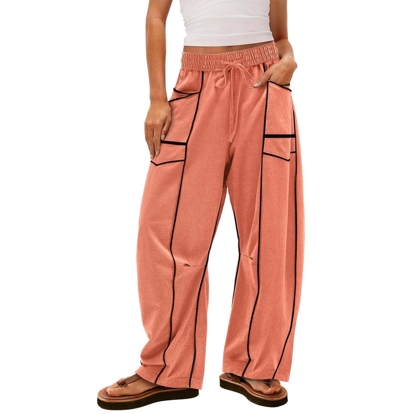 Y2K Black Striped Wide-leg Pants With Pockets Fashion Loose Drawstring Trousers Sports Sweatpants Women's Clothing LadyShow.Store