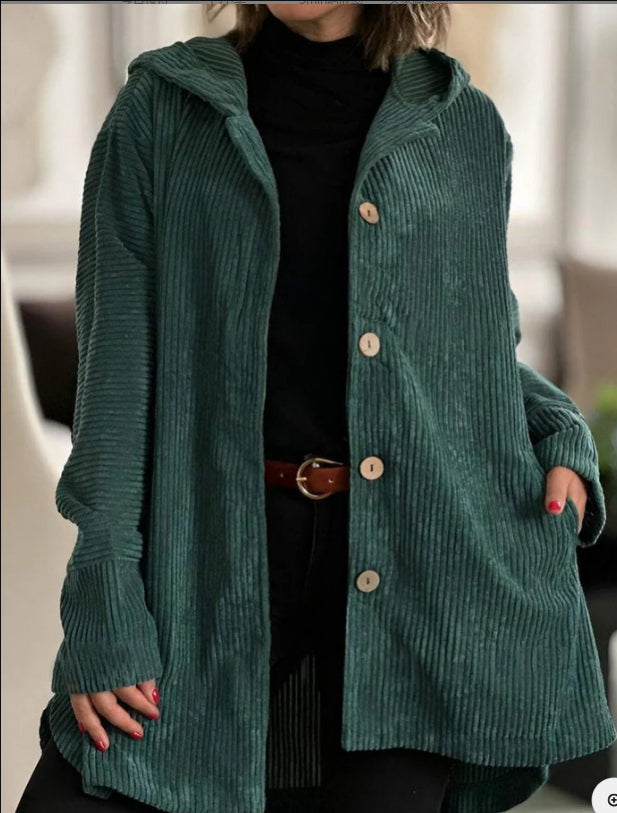 Women's Corduroy Hooded Jacket Fashion Warm Pockets Button Mid-length Top Casual Fall Winter Outwear Clothing LuxuryLifeWay Online Store