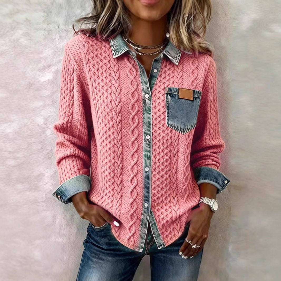 Stylish, Versatile Knitted Patchwork Denim Shirt For Women NorixaFashion.com